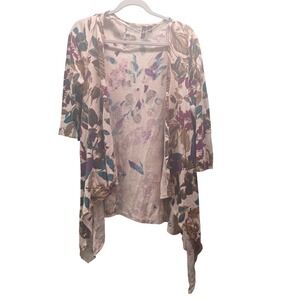 Relativity Womens L Floral Leaf Open Front Sharkbite Cardigan Sweater Boho Artsy